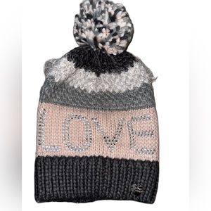 Betsey Johnson Pink and Black Color Rhinestone Hat with Faux Fur Pom Pom…